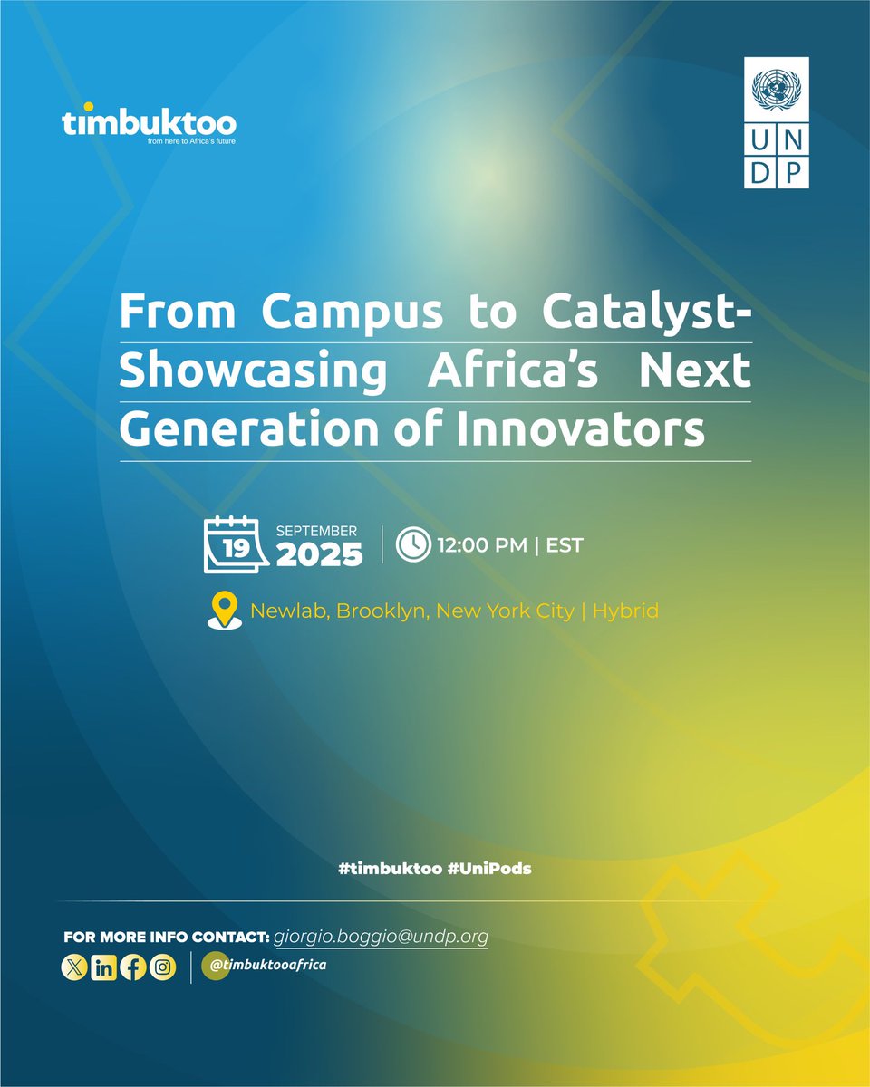 timbuktooafrica's tweet image. Africa’s campuses are becoming the world’s next innovation labs. Tomorrow at Newlab NYC, UNDP timbuktoo will showcase the UniPods movement and launch the call to action for SPARK Africa 2026. Join us live or online. #timbuktoo #UniPods