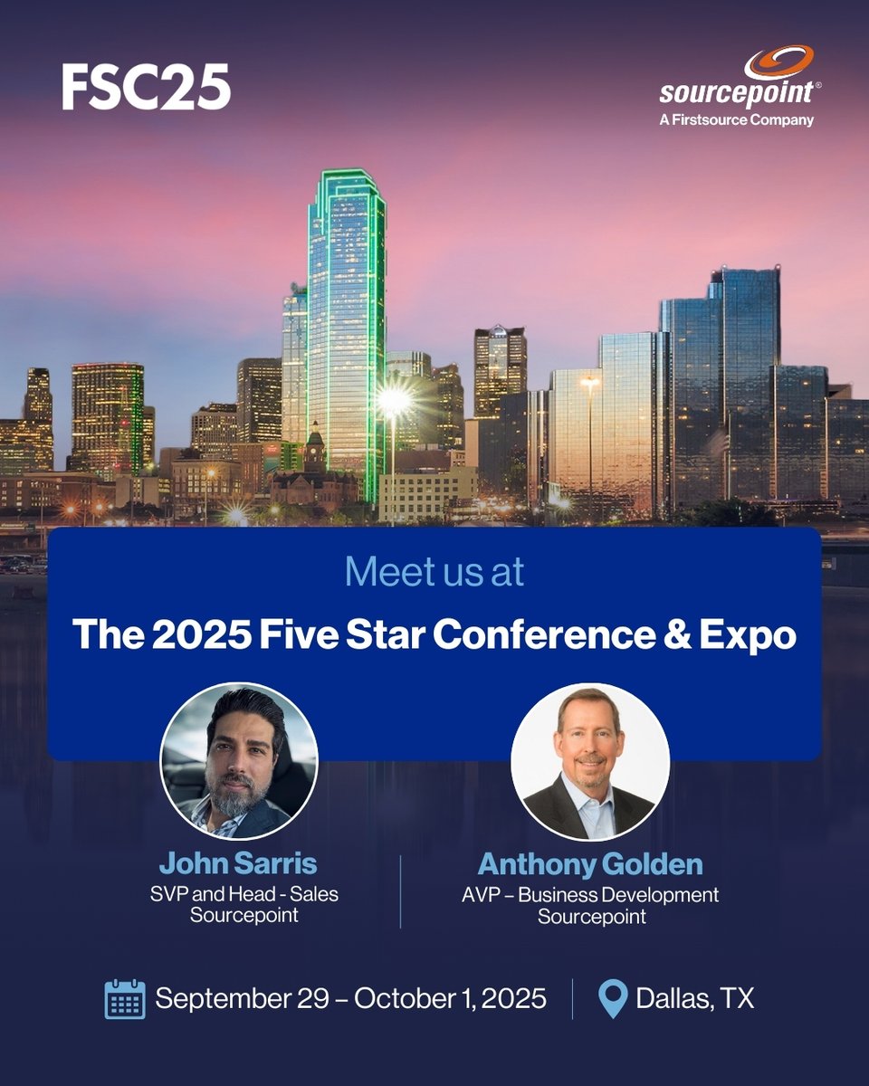 sourcepoint_'s tweet image. 🚨From Sept 29 – Oct 1 at the 2025 Five Star Conference & Expo, our senior leaders, John Sarris and Anthony Golden will be connecting with industry peers.
DM John or Anthony to set up time in Dallas.
#WeMakeItHappen #MortgageInnovation
Read more: linkedin.com/feed/update/ur…