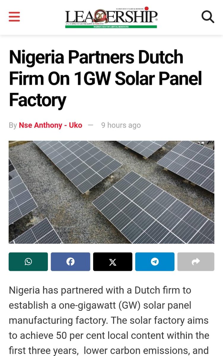 Nigeria has partnered with a Dutch firm, Solarge BV to establish a one-gigawatt solar panel manufacturing factory.

The solar factory aims to achieve 50% local content within the first three years,  lower carbon emissions, and create jobs, marking a significant boost for the
