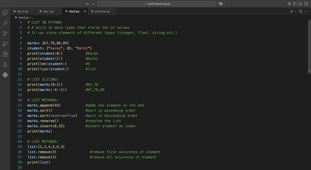 alien_xnip's tweet image. Day 03 of #100DaysOfLearning
#Python
-List in python
-List slicing
-List slicing
-List methods
-Tuples in Python
-Tuple methods
➡️Programs:
-Input 3 movies and store them in list
-Check list contains palindrome element or not
-Count no. of students with specific grade
-Sorting
