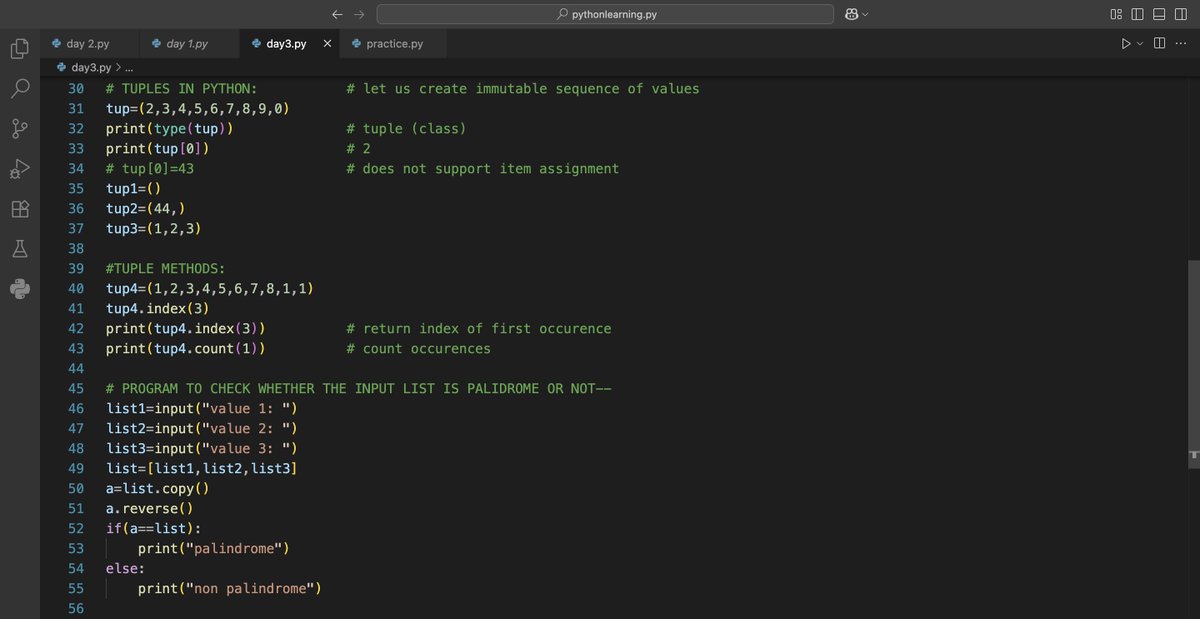 alien_xnip's tweet image. Day 03 of #100DaysOfLearning
#Python
-List in python
-List slicing
-List slicing
-List methods
-Tuples in Python
-Tuple methods
➡️Programs:
-Input 3 movies and store them in list
-Check list contains palindrome element or not
-Count no. of students with specific grade
-Sorting