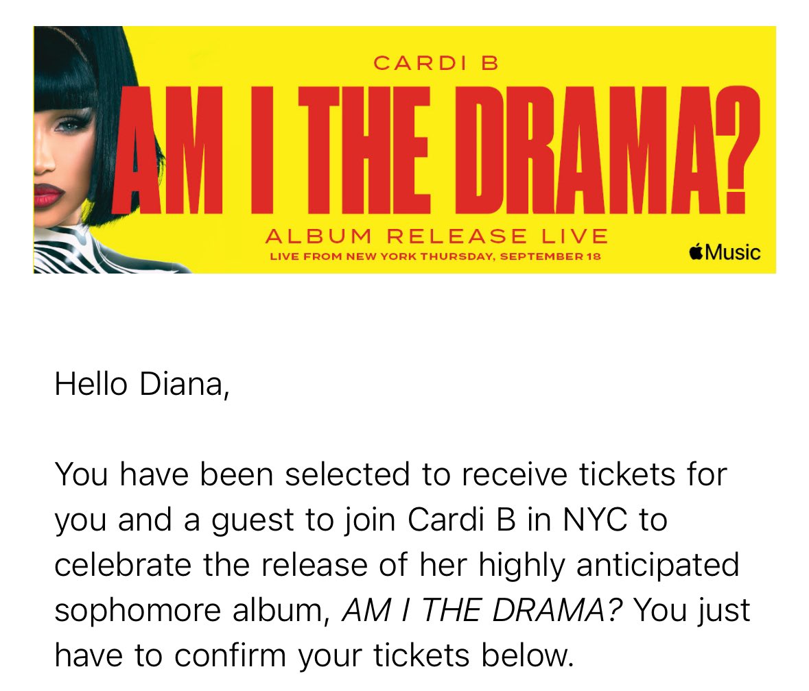 ☹️ LA work trip cancelled 
☹️ Missing free Shaboozey tickets 
🤠 Getting free Cardi B album release tix 

#AMITHEDRAMA by <a href="/iamcardib/">Cardi B</a> out 9/19