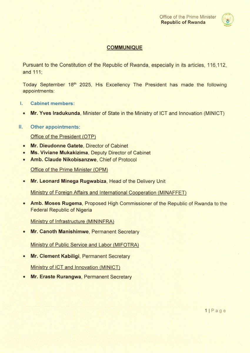 PrimatureRwanda's tweet photo. Communiqué from the Office of the Prime Minister https://t.co/QofHYa8sjp