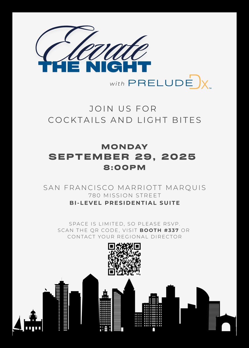 You’re invited to Elevate the Night with PreludeDx at #ASTRO25.

We’ll provide the cocktails and light bites, and can’t wait to see you there!

RSVP early: space is limited!

#ASTRO2025 #PreludeDX
