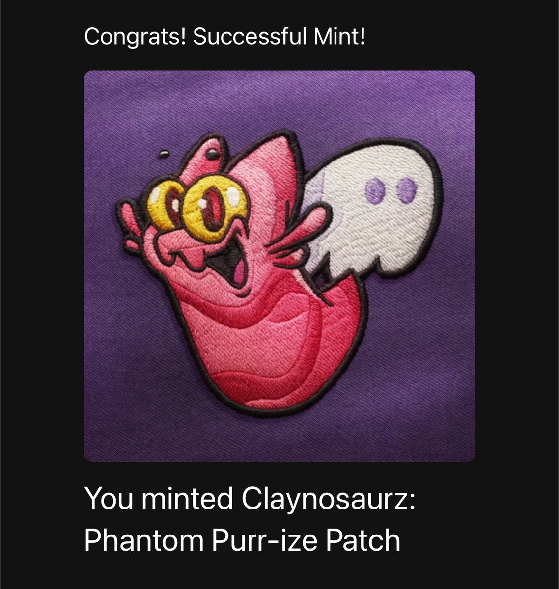 itzmemoryyy's tweet image. got my Phantom Purr-ize Patch by @Claynosaurz 🌋

a mint to celebrate Phantom bringing sui to their wallet!

I love the nocturne catslug cutie❤️