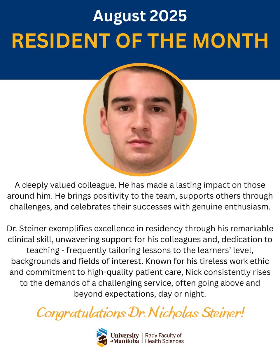 We are proud to recognise Dr. Nicholas Steiner, PGY4 in Orthopedic Surgery as our August 2025 Resident of the Month.  🎖️⚕️🩺

Don't forget to submit your nomination for the next Resident of the Month. 
#ResidentoftheMonth #PGMEawards #UManitoba #Ortho #PGME #MedEd #Awards