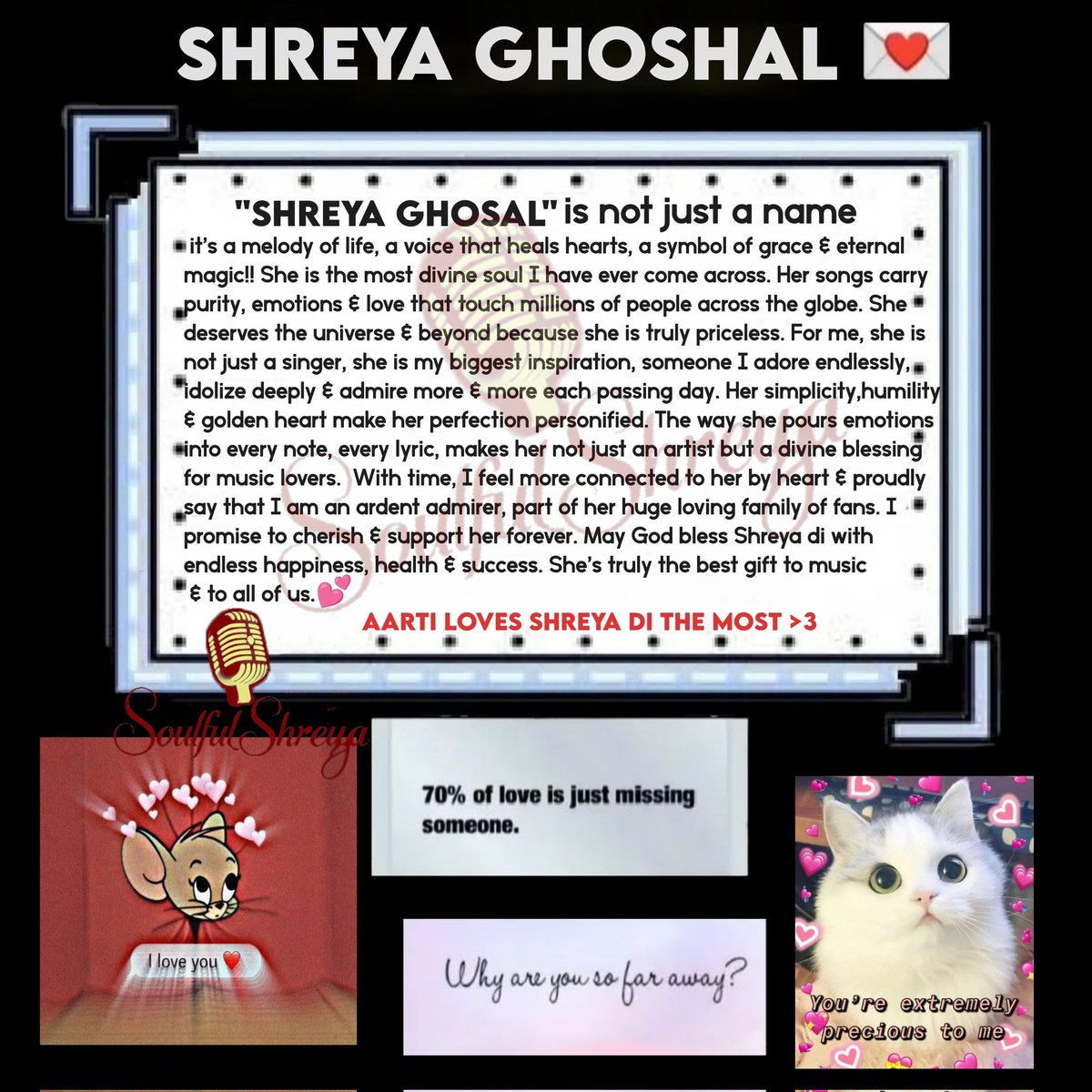 "SHREYA GHOSHAL" is not just a name, it’s pure emotion 🎶✨ Her voice heals hearts, her grace inspires &amp; her songs are eternal magic. She’s my pride, peace &amp; forever inspiration💖🌸
 AARTI LOVES SHREYA DI THE MOST ❤️🌟 #ShreyaGhoshal
<a href="/shreyaghoshal/">Shreya Ghoshal</a>