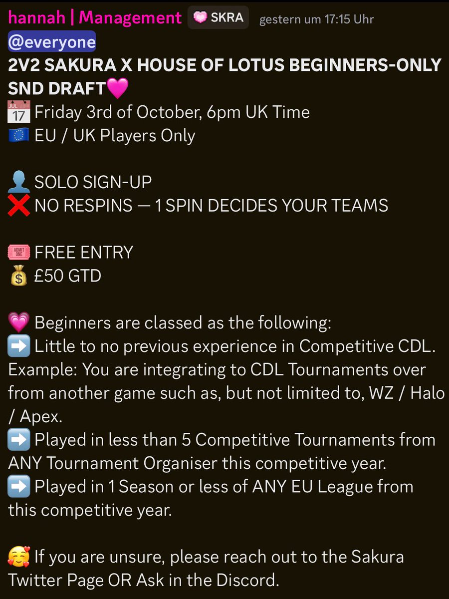 AN DIE DAMEN UNTER EUCH!!! 💅🏼💃🏽💗
Am 3. Oktober um 19 Uhr ist ein FREE ENTRY für ein FEMALE SnD🤩
(Die nicht so viel ahnung haben oder wenig comp erfahrung haben.)
Es wird nur 1x gespinnt - fängt quick an. 
Rufe wirklich jede Frau auf 🥹 WZ szene gogogo, es macht echt spaß!