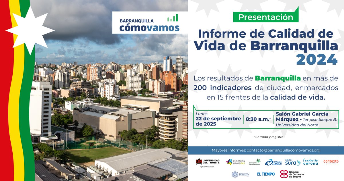 ¡Estamos a muy pocos días de conocer la radiografía de ciudad más grande que tiene Barranquilla!

Llega la presentación del Informe de Calidad de Vida 2024. Más de 200 datos duros de ciudad, analizados.

🖥️Entrada libre. Inscríbete aquí: forms.gle/nRnsfJqBC7CAt5…