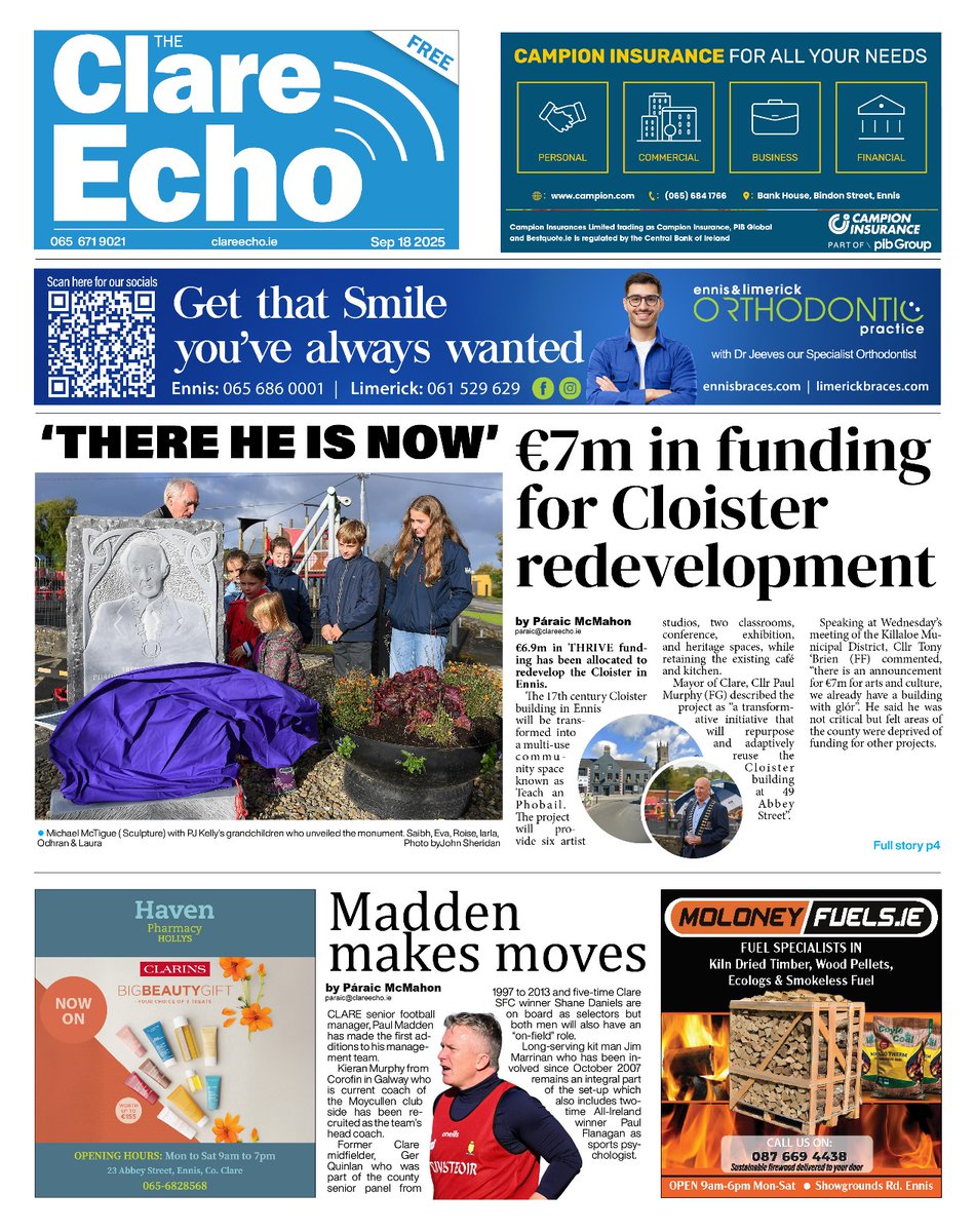 In this week's Clare Echo:
- €7m for Cloister redevelopment
- Paul Madden announces his Clare football management
- North Clare widow vows to continue fight for safer roads
- Offshore wind opportunities won't blow in Clare till 2027

This and more in Clare's most read newspaper.