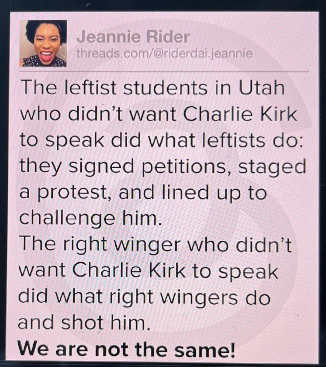 WombatDamage's tweet photo. Jeannie has apparently deleted her account. She didn't want to deal with the comments pointing out her bald-faced lie. 

Officials have confirmed that Kirk's shooter was hard-left. Her post is a lie. 

#CharlieKirkshot #CharlieKirk #CharlieKirkdead https://t.co/ScWOgoOINC