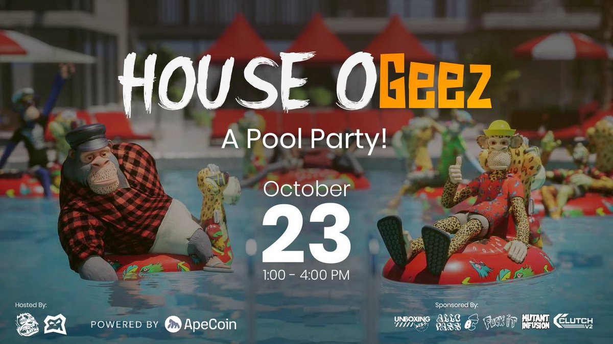HouseOGxyz's tweet image. 🚨 Ticket link is Officially LIVE!

350 tickets are available for the House OGeez Las Vegas Pool Party to kick off ApeFest! Link in comments...FCFS!

Thanks to our sponsors! @apecoin, @ApeChainHUB, @UnboxingWeb3, @boredcloset, Allo Pass (@dev_allo, @ClutchMarkets, @FuckItProd,…