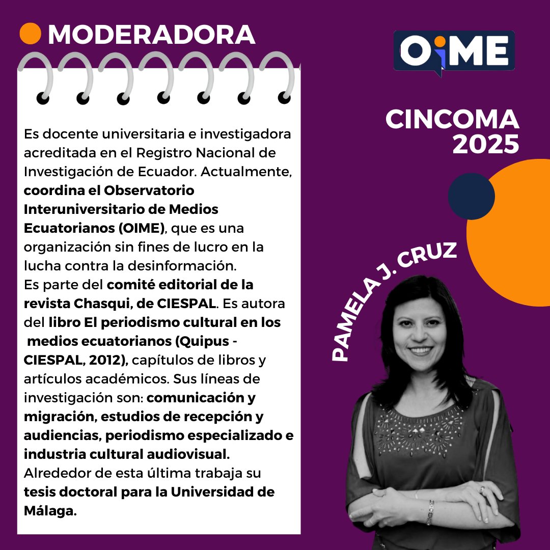 OimeEcuador's tweet photo. ⏳6 días para #OIME en @CCincoma

Conoce más sobre nuestra moderadora:  
🇪🇨@pamelajcruz – Coordinadora del OIME

Panelistas:
🇪🇨@taniaorbe @PeriodismoUSFQ 
🇨🇱@fabitagutierrez @reddeperio
🇲🇽@darwinfranco @ZonaDocs

Regístrate 👇 
https://t.co/KYj9BkmzSw https://t.co/YQZje587R0