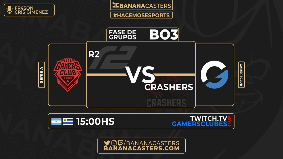 BananaCasters's tweet image. #SerieA 🔴 | @GamersClubCSes 
Elimination Match para 🇦🇷@r2esportsclub contra @Crashers_cs 🇧🇷
⏰ 15:00HS
📺 twitch.tv/gamersclubes
🎙️ @Fr4son & @criscaster_ 
🖥️ @ElDoctorMuller 
🎥 @magoscuro912 
#Hacemosesports