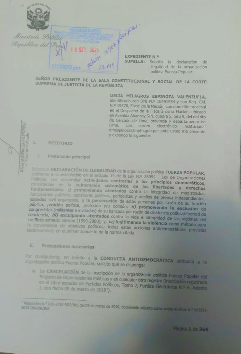 Politica_ECpe's tweet image. #URGENTE La fiscal de la Nación, Delia Espinoza, pide cancelar la inscripción del partido Fuerza Popular "por conducta antidemocrática"  "Solicito la declaración de ilegalidad de la organización política", señala documento.