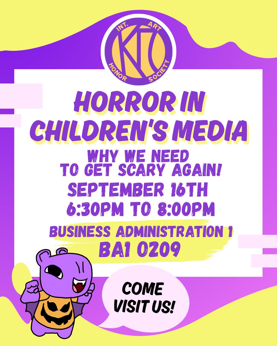 kappapiucf's tweet image. Let’s try this again. Our meeting will be about Horror in children’s media and why we need to get scary again!!! Everyone is welcome to come as we discuss the impact of spooky media and how it keeps it spooky for the kids!!! 🎃💀💛💜#artsatucf #kappapiucf #kappapi #artcollege