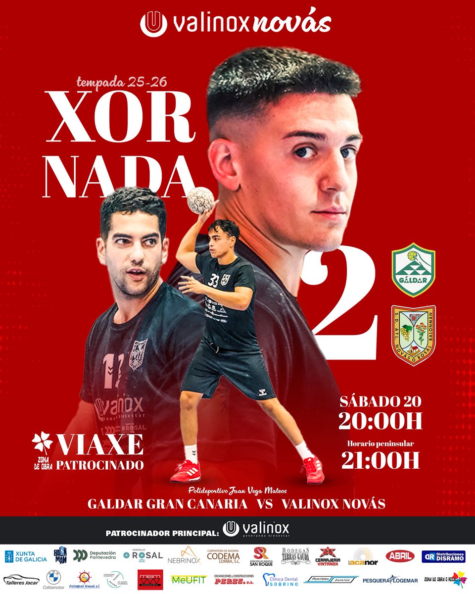🌋 Do Rosal ás Canarias, pero sempre en vermello 🐗🔥

📅 Sábado 20
🕘 20h | 21h peninsular
🤾🏻‍♂️ Gáldar Gran Canaria 🆚 Valinox Novás

⚡ Non hai excusas: dende a casa ou coa streaming posto, queremos sentir o voso apoio 🙌🏻

✈️ Viaxe patrocinada por Zona de Obra O Rosal 🏗️