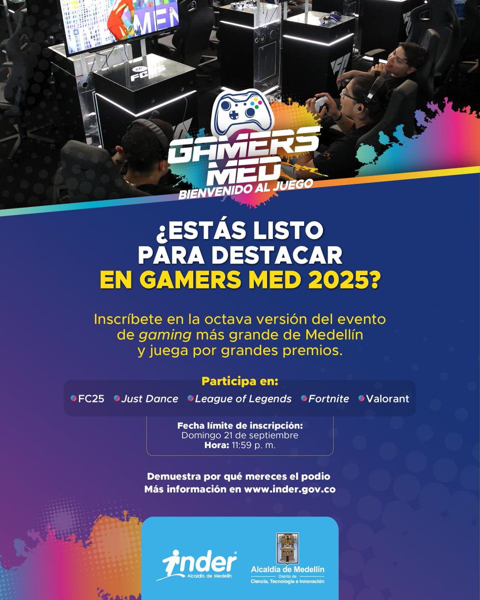 Muchachos para los que sean de Medellín y quieran participar, INDER y la Alcaldía de Medellín están organizando múltiples torneos, pueden incrbirse hasta el 21 de septiembre desde este link. 📥

Súper recomiendo que participen es genial el ambiente. ✨

inder.gov.co/clasificatorio…