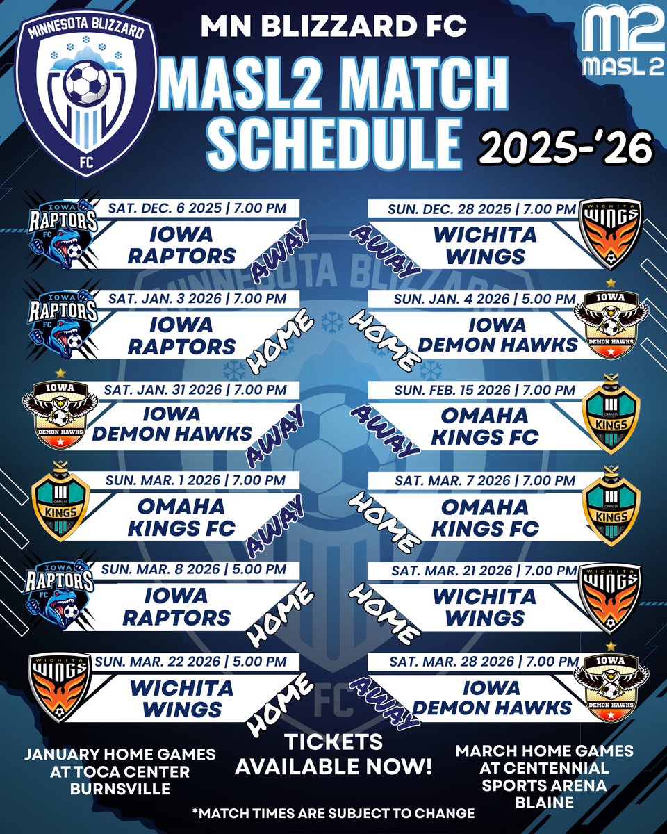 ❄️ Our 2025–26 MASL2 schedule is HERE!

We’re thrilled to announce our 2025–26 M2 Schedule is set. This season is shaping up to be one for the books!

🎟️ Tickets Available Now! tickets.passagesports.com/users/87950973…

#MNBlizzardFC #Schedule #MASL2 #M2 #IndoorSoccer #Soccer