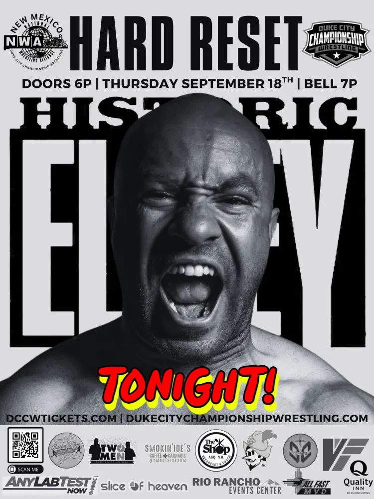 💥 TONIGHT! NWA New Mexico: Duke City Championship Wrestling Presents: Hard Reset going down at El Rey!

📆 Thursday, September 18th | Doors 6pm | All Ages

#elreytheaterabq #abqwrestling #dukecitychampionshipwrestling #abqdowntown #abqnightlife #abqthingstodo