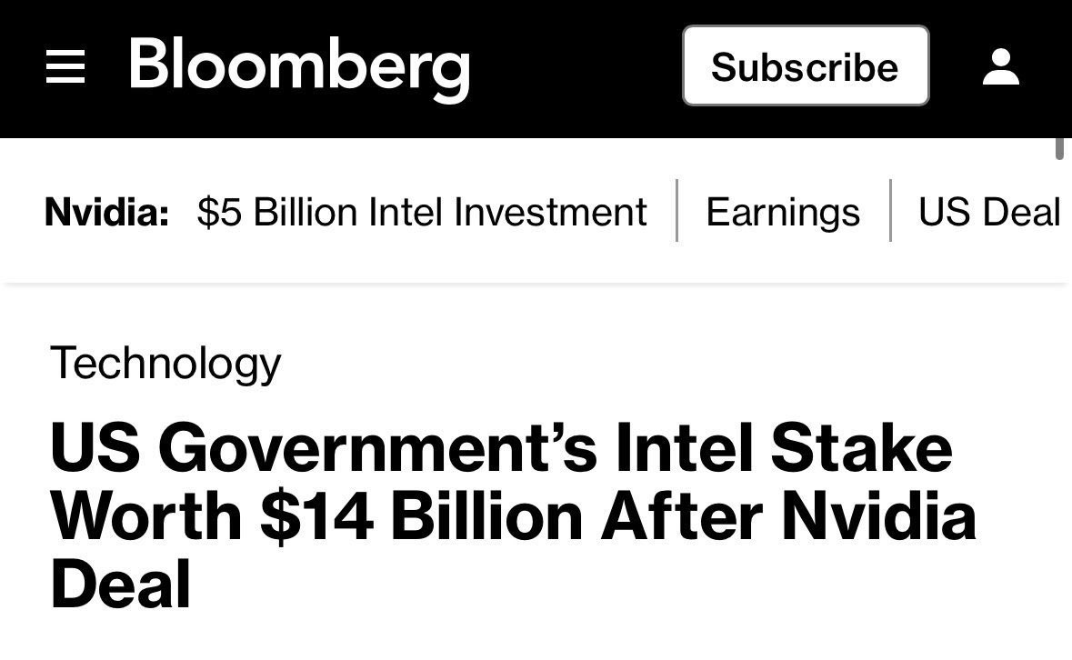 The U.S. government now owns 10% of Intel — and thanks to Nvidia’s $5B deal, it’s worth $14B on paper.

Government shouldn’t be speculating in the stock market or picking winners and losers. That’s not free enterprise — that’s state capitalism.

bloomberg.com/news/articles/…