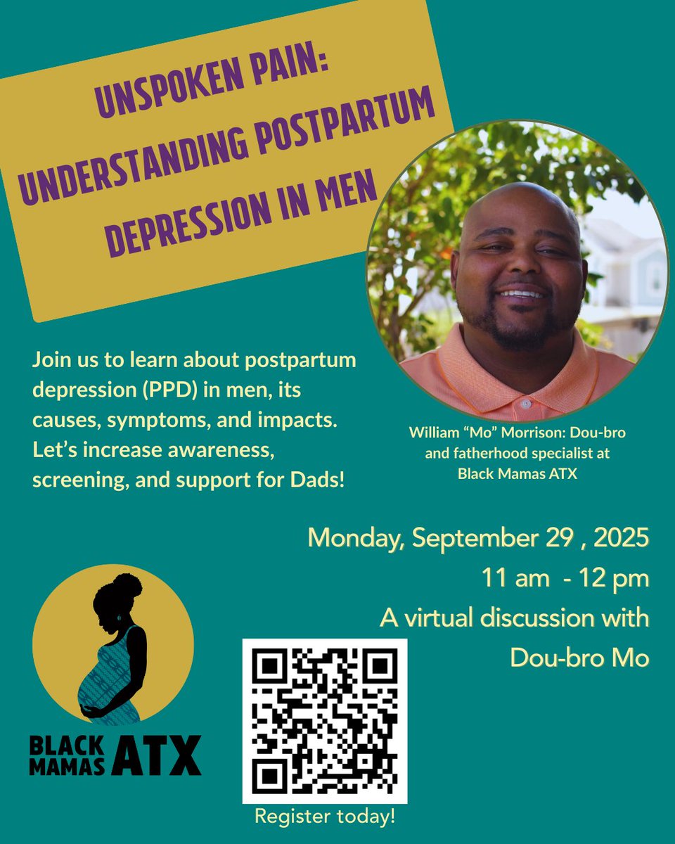 Unspoken Pain - Understanding Postpartum Depression In Men. Monday, September 29, 2025 from 11:00 am - 12:00 pm.  William "Mo" Morrison leads a virtual discussion about postpartum depression (PPD) in men, its causes, symptoms, and impacts.

Registration: forms.gle/S9UEnQ41jZjc6s…