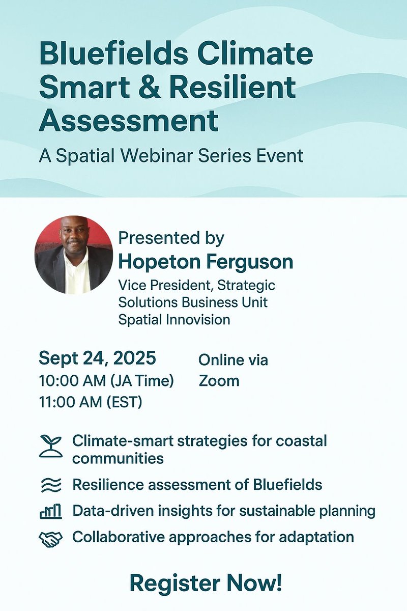 SpatialVision's tweet image. 🌍✨ Join our Spatial Webinar Series!

📌 Topic: Bluefields Climate Smart &amp;amp; Resilient Assessment
👤 Presenter: Hopeton Ferguson, VP, SSBU, Spatial Innovision
🗓 Date: Sept 24, 2025 | ⏰ 10AM (JA) / 11AM (EST)
💻 Online via Zoom

👉 Register: us02web.zoom.us/webinar/regist…
#ClimateSmart