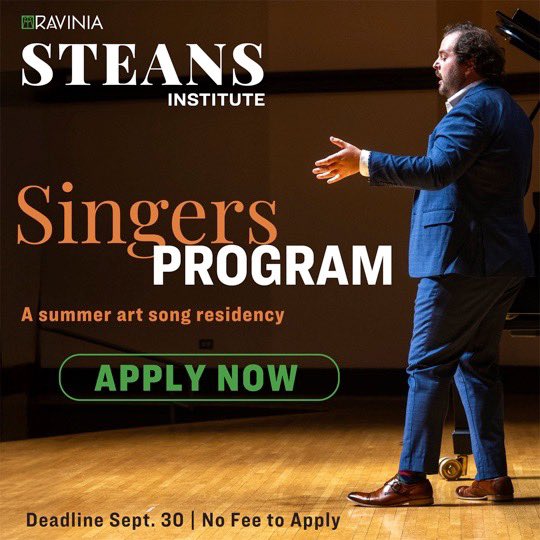 classicalsinger's tweet image. Applications are open for the 2026 Singers Program at @RaviniaFestival’s Steans Institute! Grow &amp;amp; showcase your artistry, diving into the world of art song w/ renowned artists like James Conlon &amp;amp; Ana María Martínez—all tuition-free! Apply by 9/30/25!
