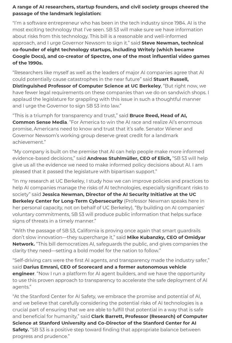 There is impressive and broad support for SB 53. I urge <a href="/CAgovernor/">Governor Gavin Newsom</a> to sign it!