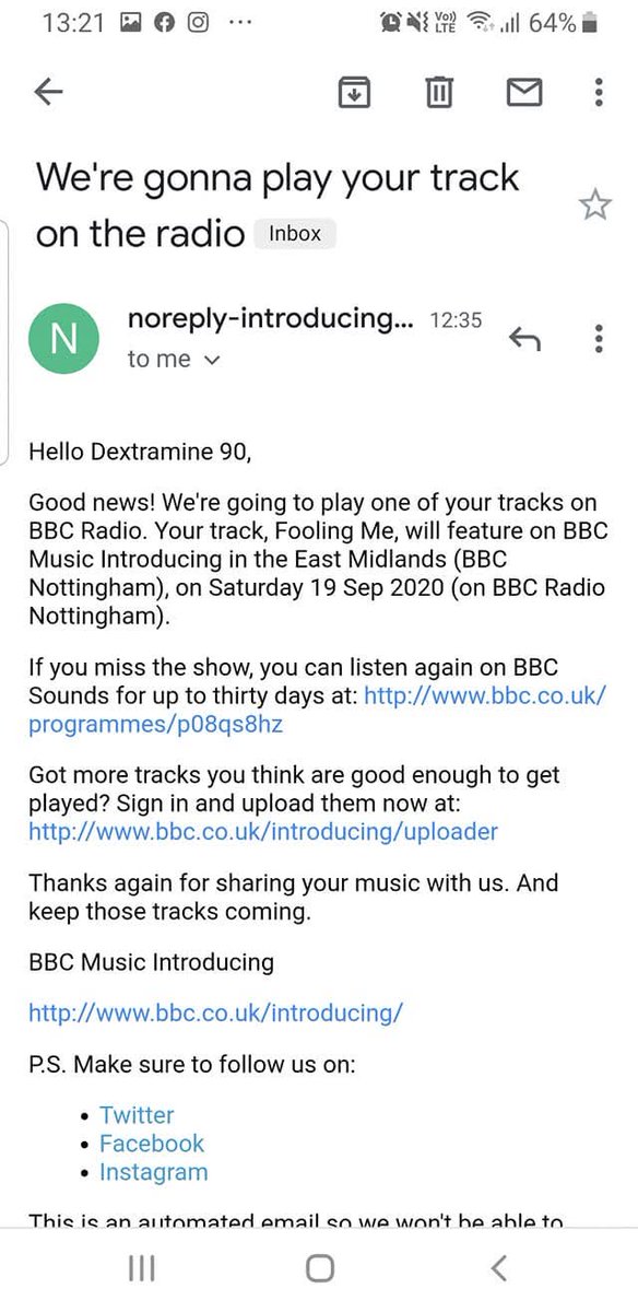 5 years ago today I sent my first track to BBC Introducing.  An hour later this amazing news came through... the rest is history. Never give up on your dreams and thank you eternally Dean Jackson ❤️ <a href="/BBCNottingham/">BBC Nottingham</a> <a href="/beatonthebeeb/">the beat</a>