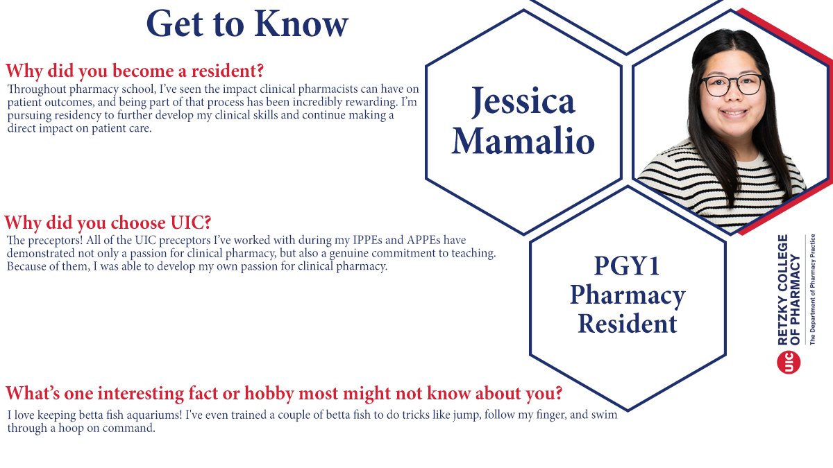 Get to know our resident, Dr. Jessica Mamalio!
She received her PharmD from the University of Illinois Chicago and has joined our PGY1 Pharmacy Residency Program.

#MeetOurResident #PharmacyResidency #ResidentSpotlight