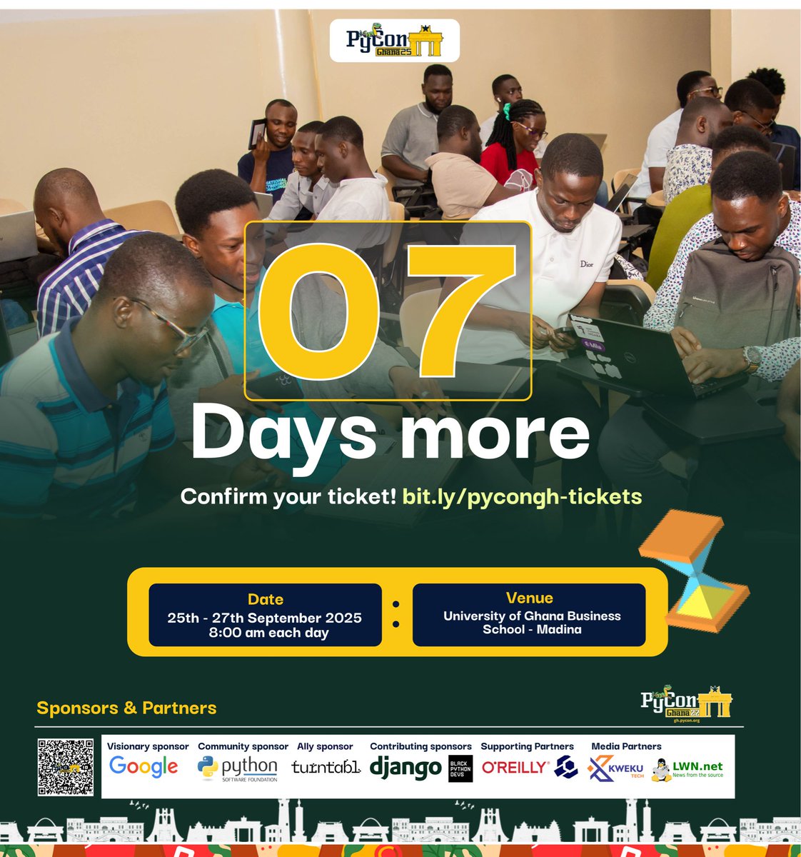 PyconGhana's tweet image. 👀 Can you believe it?!
In just 7 days, the Python fam takes over Accra for #PyConGhana2025! 🐍🎉
Who’s counting down with us? Drop a 🎉 if you’re ready! 💛
🗓️ Sept 25–27 | 📍 UG Business School
🎟️ Tickets: gh.pycon.org/2025/tickets
#PythonGhana
#PyConGhana