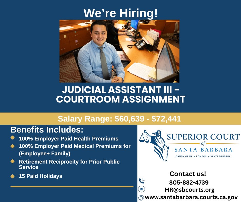 We're hiring for a Courtroom Clerk in Santa Barbara! If you are looking for a rewarding career working in a Courtroom, this position is for you. Our Courtroom Clerks keep the flow of the Court running efficiently.

Apply at: tinyurl.com/ye2arsc6