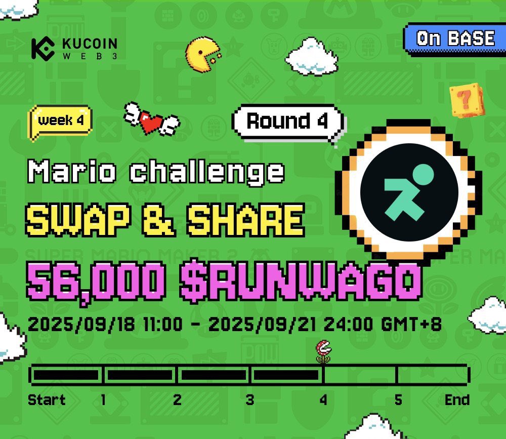 KucoinBD's tweet image. 🏃 KuCoin Web3 Wallet × Runwago: #MarioChallenge Week 4 Round 4 আসছে!
t.me/Kucoin_web3_of…
t.me/runwago

💰 রিওয়ার্ড: 56,000 $RUNWAGO
⏰ সময়: 18 সেপ্টেম্বর, 2025 সকাল 9:00 – 21 সেপ্টেম্বর, 2025 রাত 12:00

কীভাবে যোগ দেবেন:
1️⃣ Galxe এ জয়েন করুন…