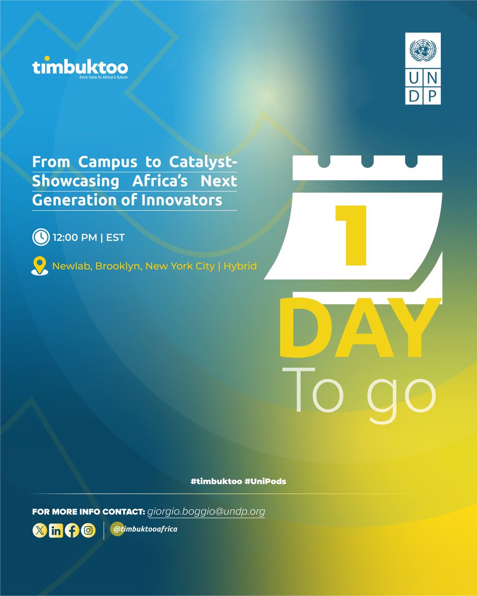 Just 1 day to go! Don't miss tomorrow at Newlab NYC as we showcase how Africa's campuses are shaping the world's next innovation frontier. #timbuktoo #UniPods