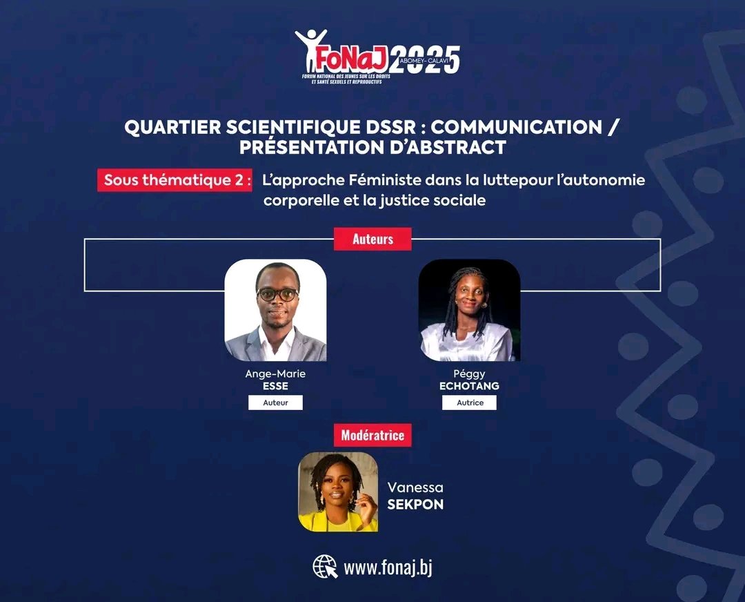 #FoNaJ #DSSR #Abstract #ODD

Merci <a href="/JVSAssociation/">Association Jeunes Volontaires pour la Santé</a> <a href="/BilliNowNowWA/">Billi Now Now West Africa</a>
<a href="/IpasFrancophone/">Ipas Afrique Francophone</a>
<a href="/CentreOdas/">Centre ODAS</a>
<a href="/unfpa_benin/">UNFPA Bénin CO</a>
<a href="/Abpf_ippf/">ABPF</a> 
<a href="/ilewabj/">iléwa</a> 
<a href="/FillesActions/">Filles en Actions</a>

C'est engageant et instructif !