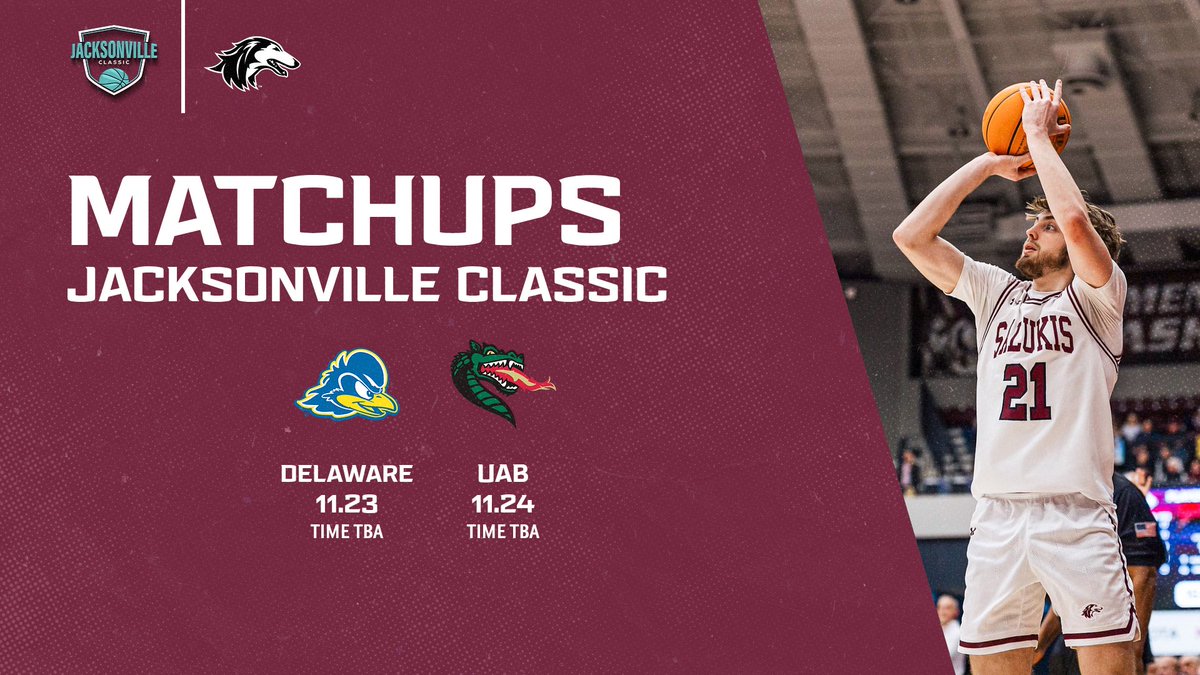 The schedule for the Jacksonville Classic has been announced! 

The Dawgs will take on Delaware (11/23) and UAB (11/24) the week of Thanksgiving in Jacksonville. Learn more about these games at saluk.is/JacksonvilleCl…. 

🎟 Can't catch the Salukis in Jacksonville? No problem. You