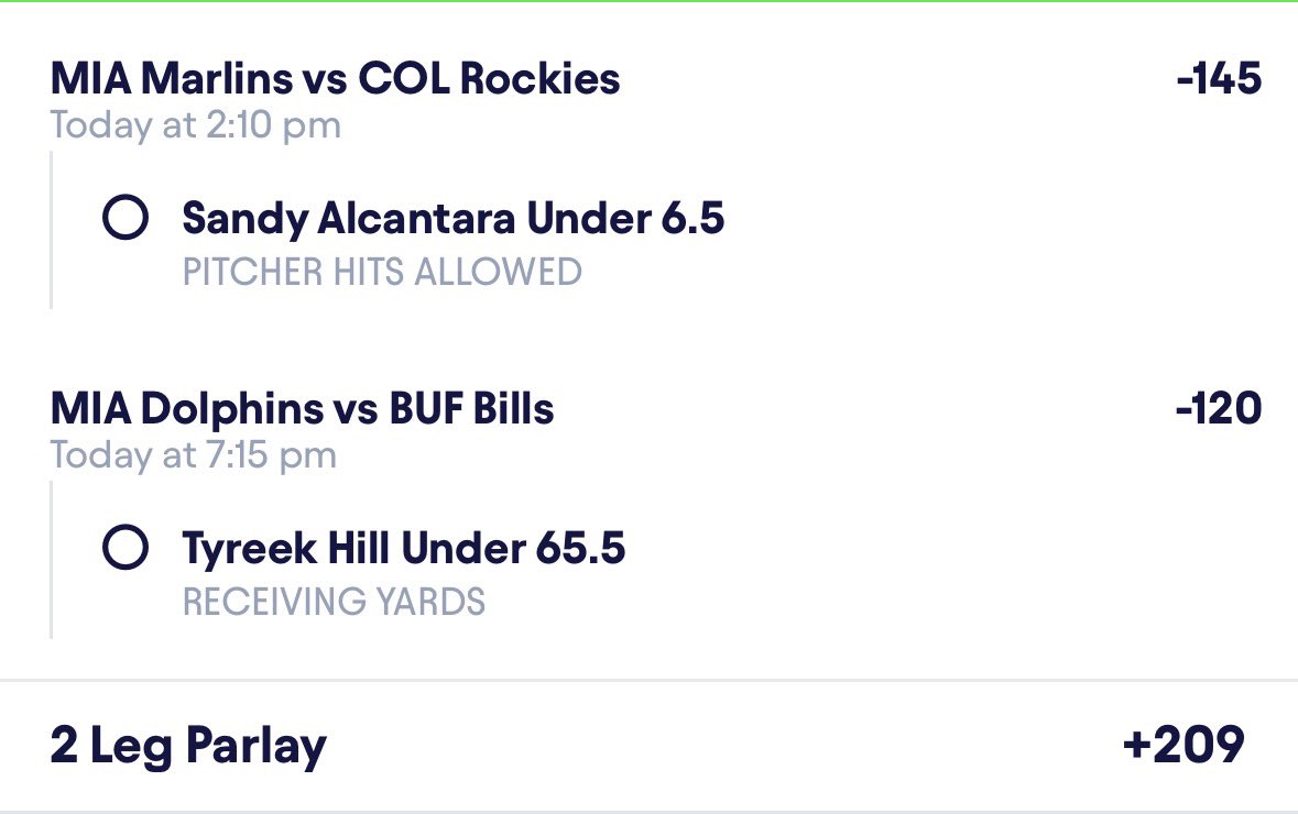 SplitterDFS's tweet image. Sandy Alcantara Under 6.5 Hits Allowed -145
Tyreek Hill Under 65.5 Receiving Yards -120
Parlay 🎟️; +209
#NBA #NHL #NFL #CFB #MLB #ncaa #Sleeper #Fliff #sleeperpicks #GamblingTwitter #GamblingX #Fanduel #Draftkings #Prizepicks #Freeplays #Sportsbettingpicks