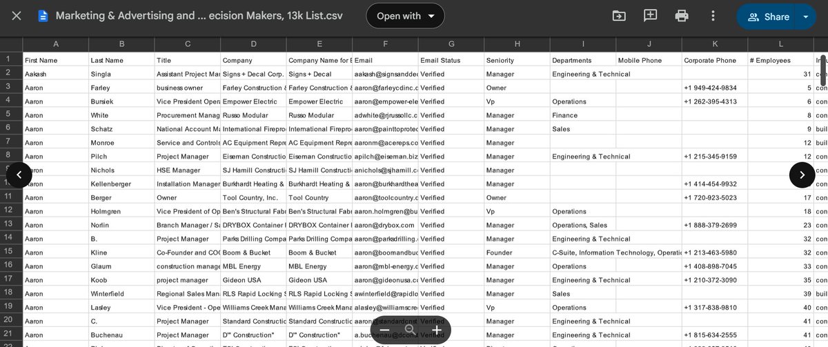 Just wrapped up a FRESH LIST of decision makers in Marketing &amp; Advertising and Construction

You’ll get:
- Direct emails
- Phone numbers
- LinkedIn profiles
(all cleaned and up to date)

Normally this list goes for $4309, but I’m opening it up here for FREE

Want it?
Must comment