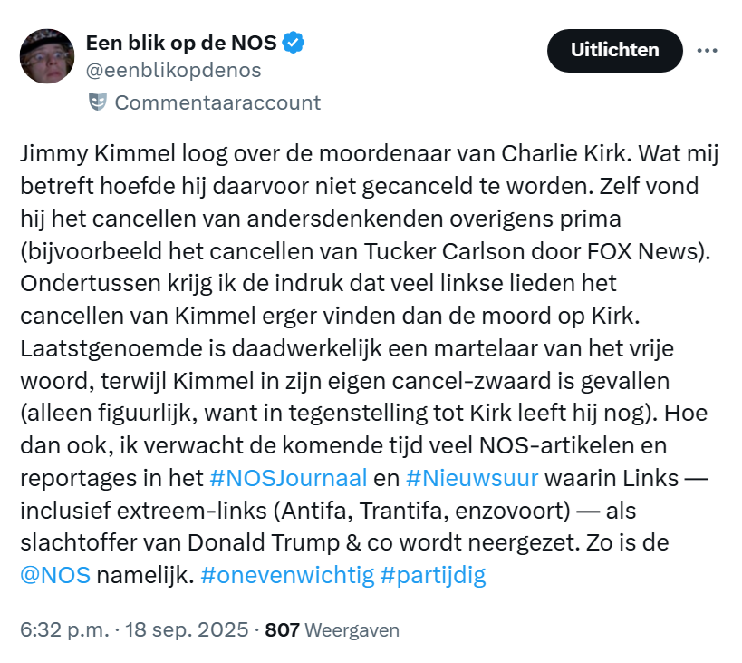 <a href="/NOS/">NOS</a> Ha ha, hoe voorspelbaar dit artikel van de NOS! [ik heb het dan ook voorspeld; zie screenshot] Toen Charlie Kirk werd vermoord had de NOS het niet of nauwelijks over de vrijheid van meningsuiting. Wel werd Kirk als een racist weggezet. #onevenwichtig #partijdig #DefundTheNOS 🚫
