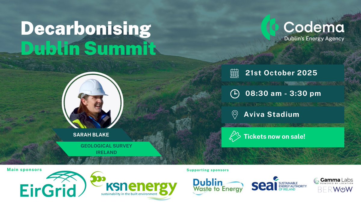 We’re excited to hear about the possibilities of geothermal energy with Dr Sarah Blake, from Geothermal Programme at Geological Survey Ireland, who is joining us at the #DecarbonisingDublin Summit on 21st Oct!

Our tickets are going fast! Save your spot 👉 bit.ly/4mBUoKY