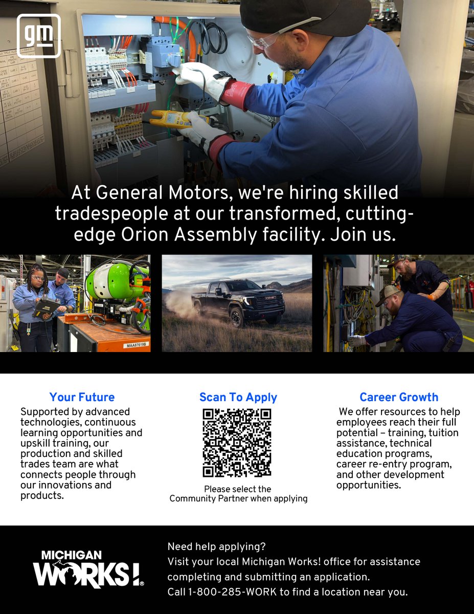 Skilled tradespeople are needed at <a href="/GM/">General Motors</a>! 🚗#OaklandCounty Michigan Works! is teaming up with General Motors to staff the new Orion Assembly facility.  Find hundreds of openings at tinyurl.com/jxraswuu and be sure to select "Community Partner" when applying.