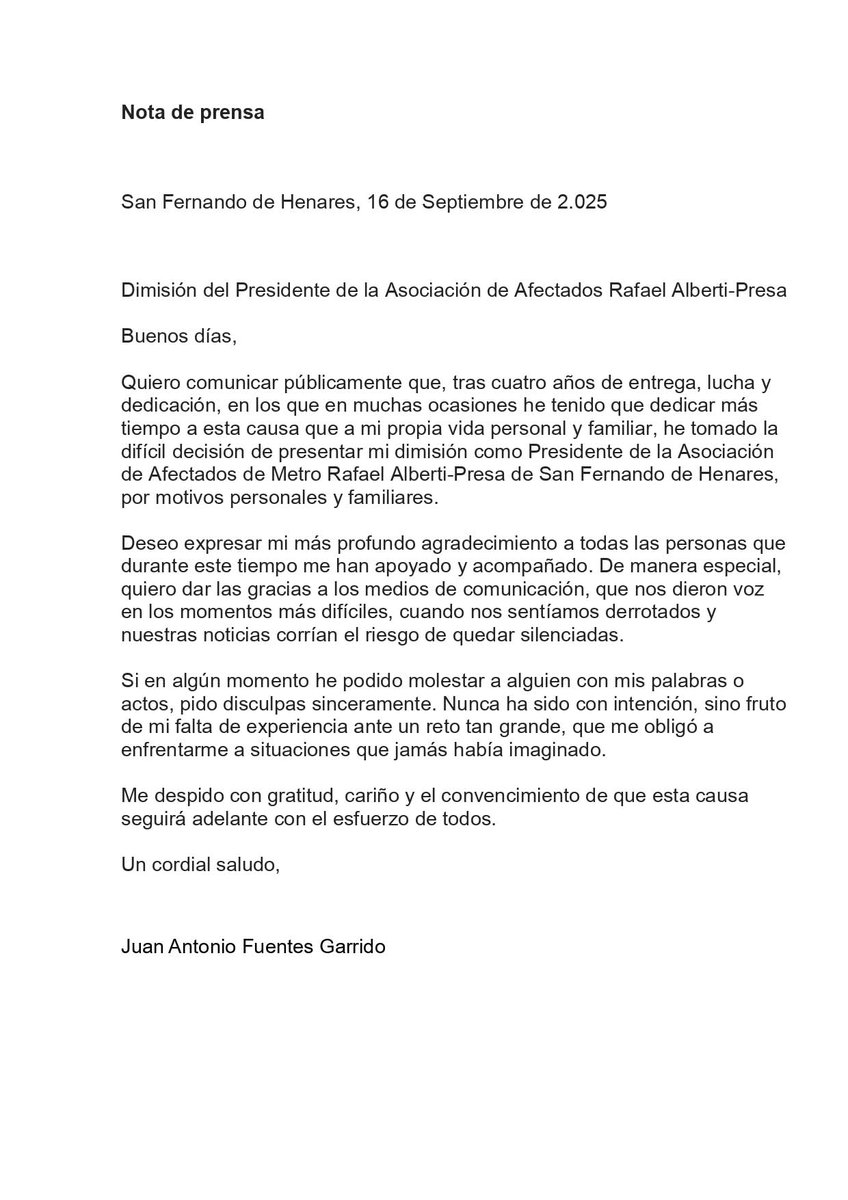 SAN FERNANDO DE HENARES – L7B Metro
- Dimite Juan A. Fuentes, Pdte Asoc Afectados de Metro Rafael Alberti-Presa, por motivos personales y familiares
Lo hace con una carta abierta...
Su vivienda fue la 1a que derribaron y...
Más facebook.com/share/p/19RMMC…

<a href="/OndaCeroCoslada/">Onda Cero Coslada</a> 102.0 FM