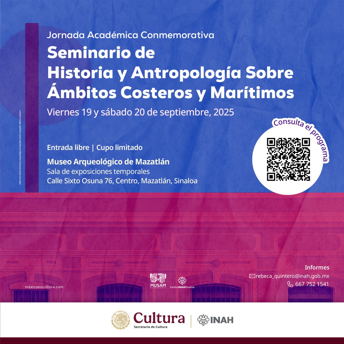 ¡Esta semana! e invitamos al Seminario de Historia y Antropología sobre Ámbitos Costeros y Marítimos 🌊⚓, con mesas de trabajo y conferencias magistrales.

🗓 Viernes 19 de septiembre | 17:00 h y 🗓 Sábado 20 de septiembre | 10:00 h