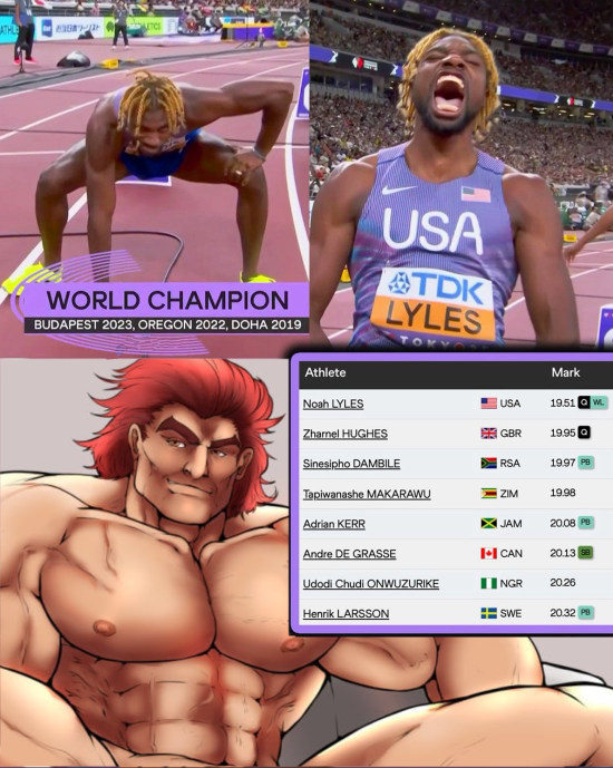 BAPingLoud's tweet photo. 🇺🇸NOAH LYLES (@LylesNoah) FASTEST EVER 200m SEMI IN 19.51! 📷😤 #WorldAthleticsChamps #hugemeat #Track #DL #Trade https://t.co/DEER2XrXIq