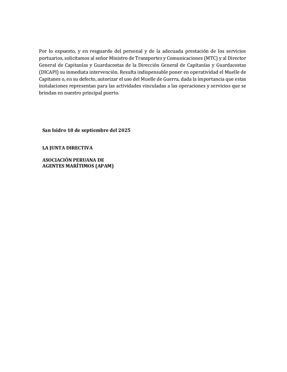 ApamPeru's tweet photo. Alerta Portuaria:
APAM denuncia la inoperatividad del Muelle de Capitanes en Callao desde febrero de 2025. El cierre del Muelle de Guerra agrava la situación, arriesgando la seguridad y transparencia en el principal puerto del país.

#APAM  #MTC  #DICAPI #SeguridadPortuaria #Perú https://t.co/847BLCZQf7