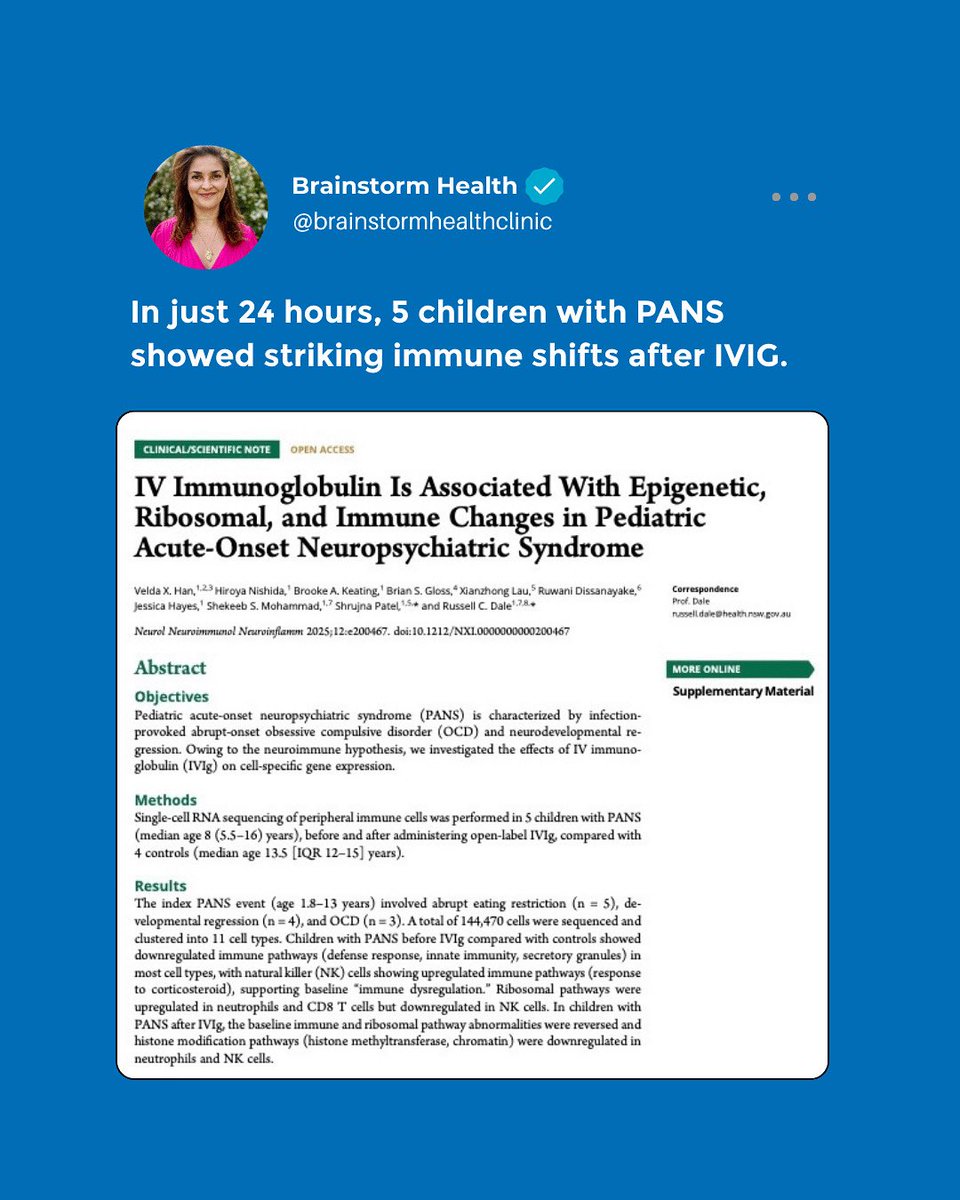 stella_chadwick's tweet photo. 5 children with PANS.
3 also had autism.
1 infusion of IVIG.

Immune cells shifted within a day.
Clinicians judged 4 of 5 children to improve.
Headache was the only side effect noted.

But what exactly changed?
And how strong is the evidence?
That’s where it gets complicated.

I’ve written a new blog breaking down this study - what it really shows, what it doesn’t, and why it matters for families.

Read the full critical analysis here.

Link in comments below 👇

#PANS #PANDAS #IVIG #Neuroinflammation #AutismSupport #Neuroimmune