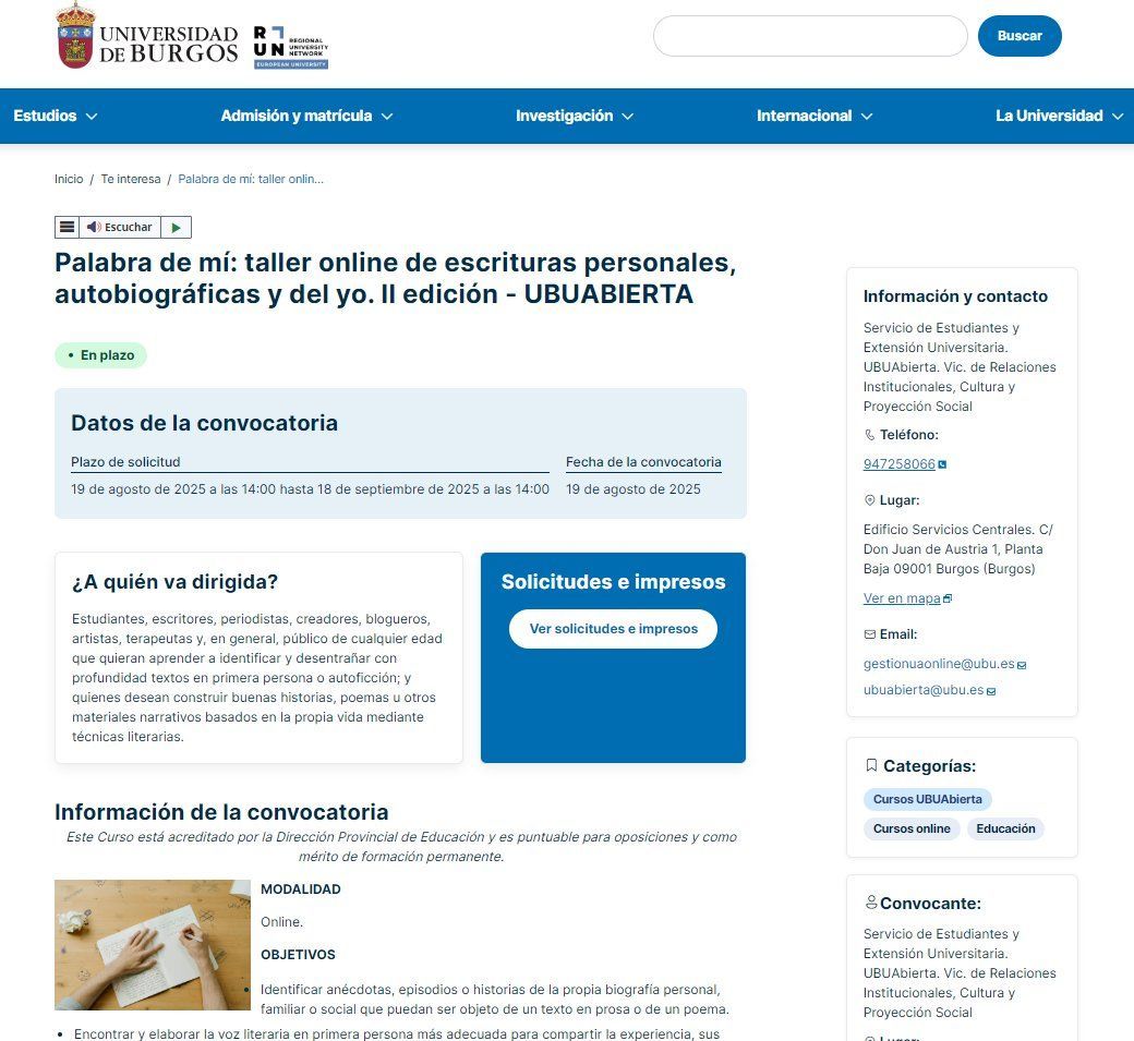 Curso "online" tutorizado.
Palabra de mí: taller online de escrituras personales, autobiográficas y del yo buff.ly/yIA7n6R

<a href="/fabian_bolano/">fabian b ✊🧡 ⭐️⭐️⭐️</a> <a href="/rff2021/">GnosF</a> <a href="/florencialema/">Florencia Lema</a> <a href="/Vx95778088/">#historiasreales #relacionestóxicas #lectura</a> <a href="/botana_juan/">Juan Botana</a> <a href="/jannetcota/">JLM</a> <a href="/LibrosEnCitas/">Citas De Libros</a> <a href="/natalia_izarra/">Natalia Izarra</a> <a href="/FJIrazoki/">Fco. Javier Irazoki</a> <a href="/tULEctura_ULE/">tULEctura</a> <a href="/op_orts/">A. C. Orts</a>