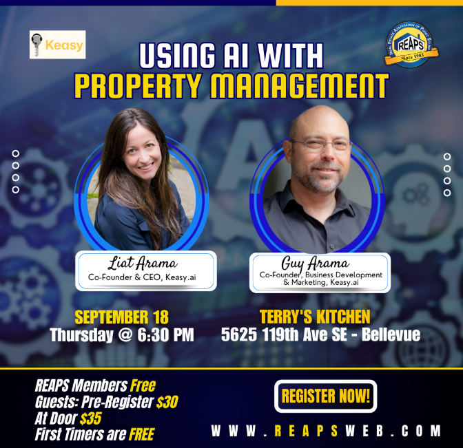 REAPSweb's tweet image. Using AI w/ Rentals Local tech experts revolutionizing REI w AI,  created landlord tools to scale smarter w/ tech, reduce costs, streamline way to manage rentals thru power of AI &amp;amp; Automation Thur, Sept 18 6:30PM Terry's Kitchen 5625 119th Ave SE, Bellevue REAPSweb dot com