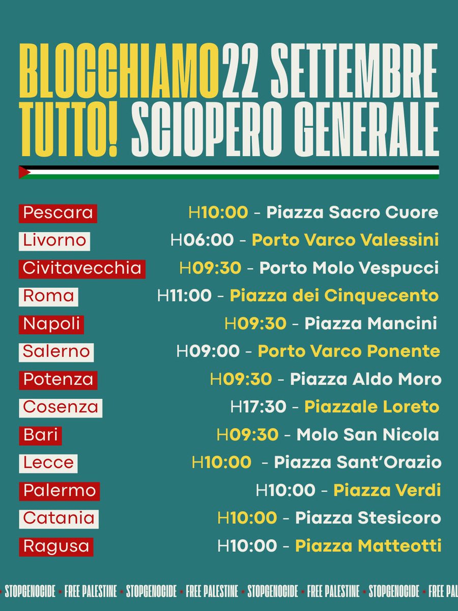 usbsindacato's tweet photo. 22 SETTEMBRE
#SCIOPEROGENERALE 
ELENCO DELLE MANIFESTAZIONI: NELLE PROSSIME ORE COMUNICHEREMO ALTRE PIAZZE
Sarà un grande sciopero generale: per rompere con lo stato terrorista di Israele
per difendere Gaza per dire no alla corsa alle armi
a fianco della Sumud e con la Palestina https://t.co/kgkeIyxxYv